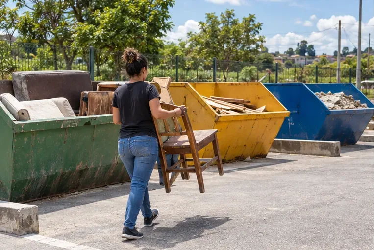 Uma moradora leva uma cadeira de madeira até caçambas separadas em um ponto de entrega de resíduos.