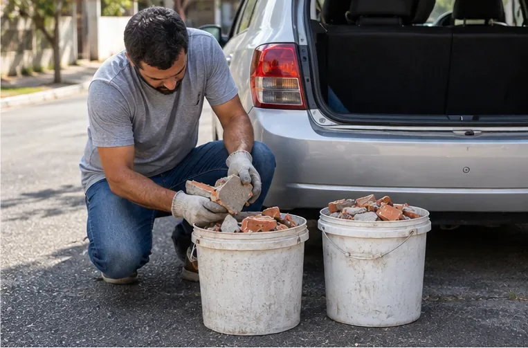 Um morador coloca pedaços de tijolo em baldes resistentes ao lado do porta-malas aberto de um carro.
