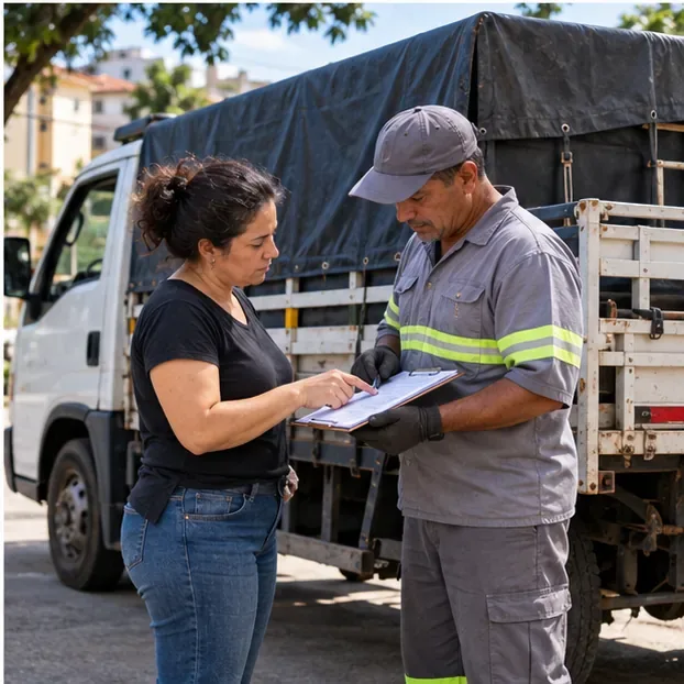 Uma moradora confere documentos com um trabalhador de transporte de resíduos ao lado de um caminhão coberto.