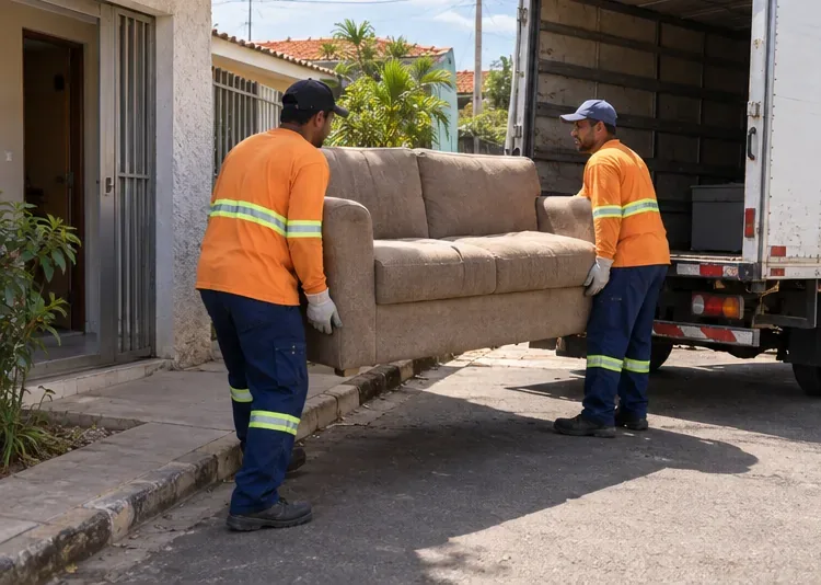 Dois trabalhadores levantam um sofá na entrada de uma residência para colocá-lo em um caminhão-baú