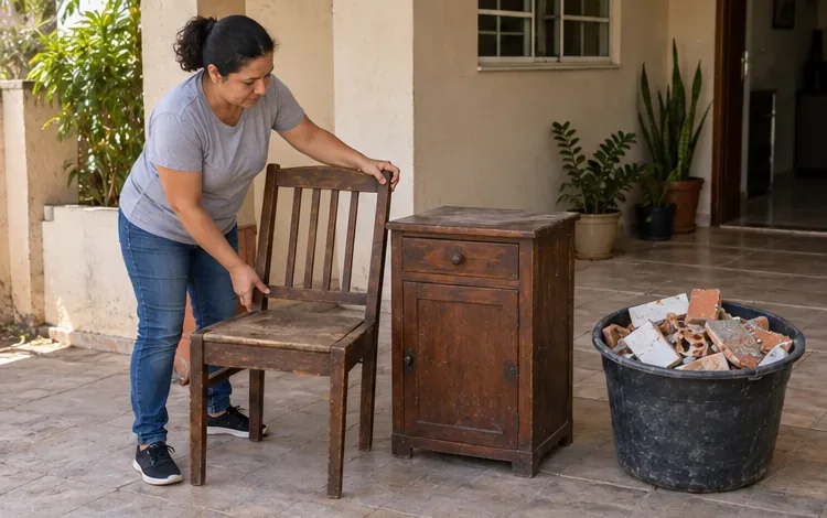 Moradora separa uma cadeira e um armário usados de um balde com pedaços de tijolo e revestimento
