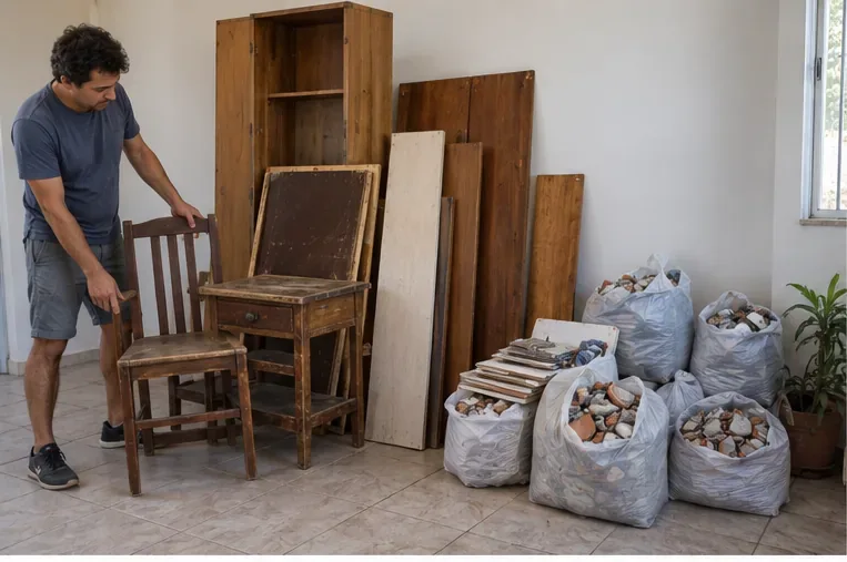 Morador separando móveis antigos e sacos com restos de obra dentro de casa