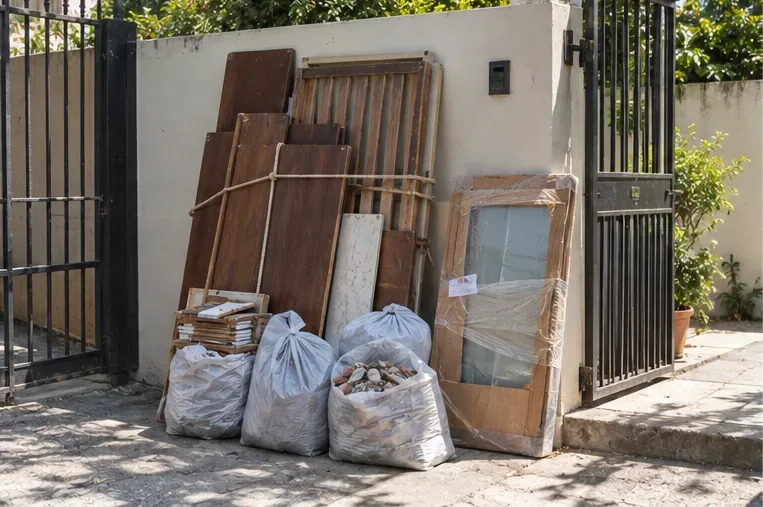 Móveis desmontados e sacos deixados do lado de fora de um portão sobre a calçada