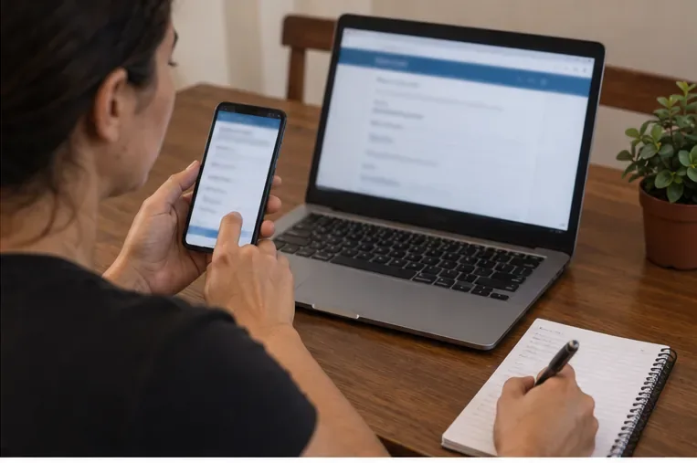 Pessoa usando celular e notebook com telas desfocadas enquanto anota dados para uma solicitação