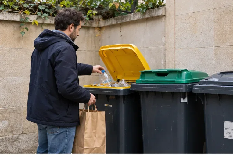 Un habitant dépose une bouteille vide dans un bac de tri jaune à côté de plusieurs bacs de collecte dans une cour parisienne.