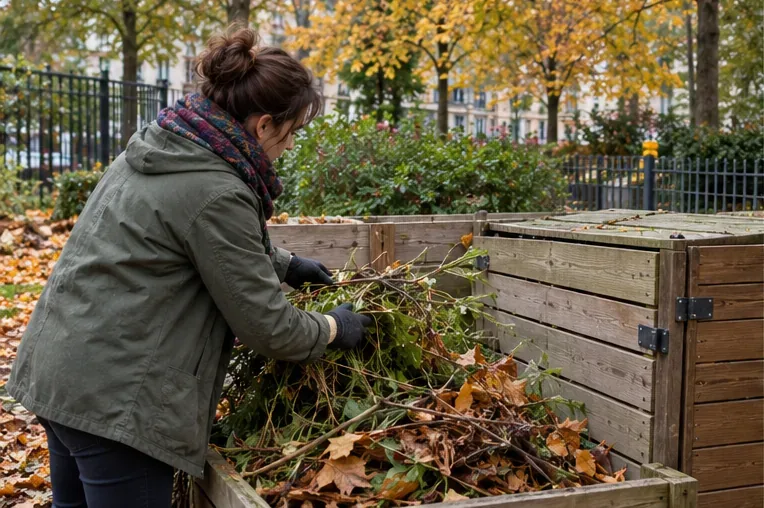Une habitante dépose des feuilles et des tailles de plantes dans un composteur en bois dans un jardin urbain parisien en automne.