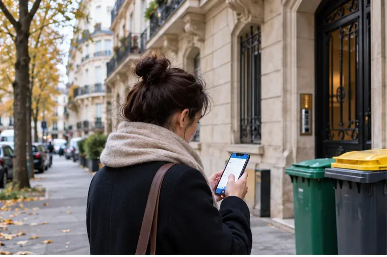 Une habitante consulte son téléphone devant un immeuble parisien, à côté de bacs de collecte, pour vérifier le calendrier correspondant à son adresse.