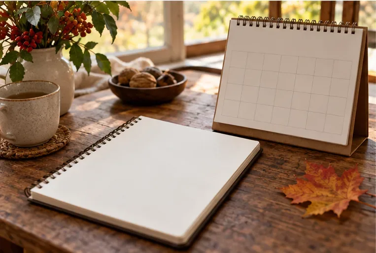 Un quaderno e un calendario da tavolo con griglie vuote, disposti su una scrivania autunnale