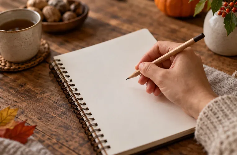 Una mano tiene una matita sopra un quaderno pulito, pronta a svolgere una somma