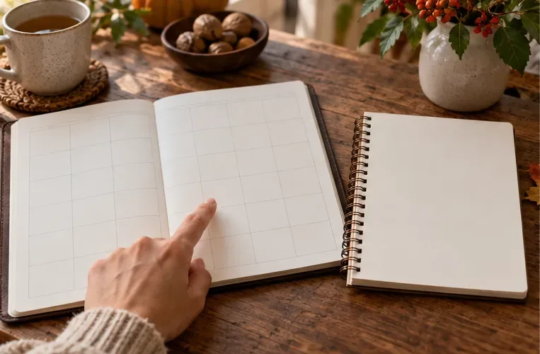Una mano indica una pagina di agenda vuota accanto a un quaderno, per annotare giorno e mese di nascita