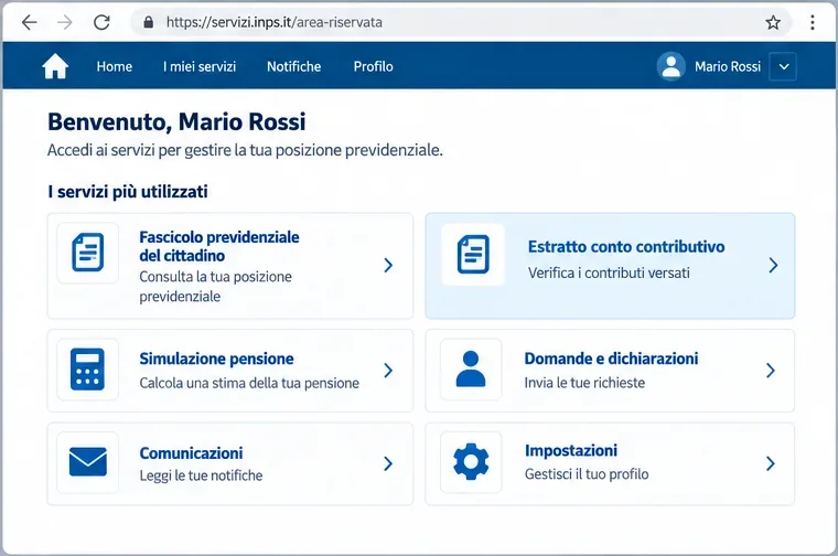 Schermata illustrativa di un’area personale previdenziale con il collegamento all’estratto conto contributivo.