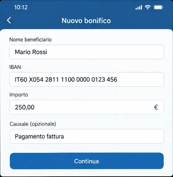 Schermata illustrativa di un nuovo bonifico con nome del beneficiario, IBAN, importo e causale