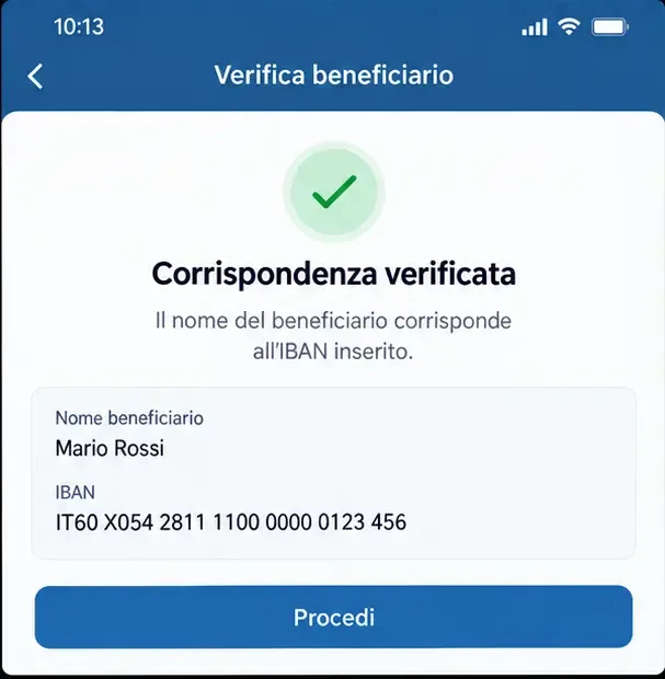 Schermata illustrativa di verifica del beneficiario con un segno di corrispondenza tra nome e IBAN