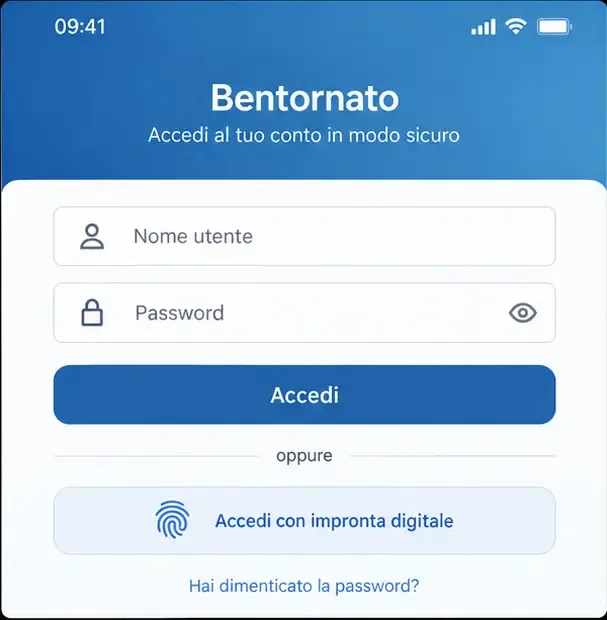 Schermata illustrativa di accesso a un’app bancaria con nome utente, password e impronta digitale