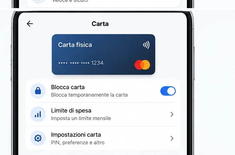 Schermata illustrativa della gestione carta con blocco temporaneo, limite di spesa e impostazioni