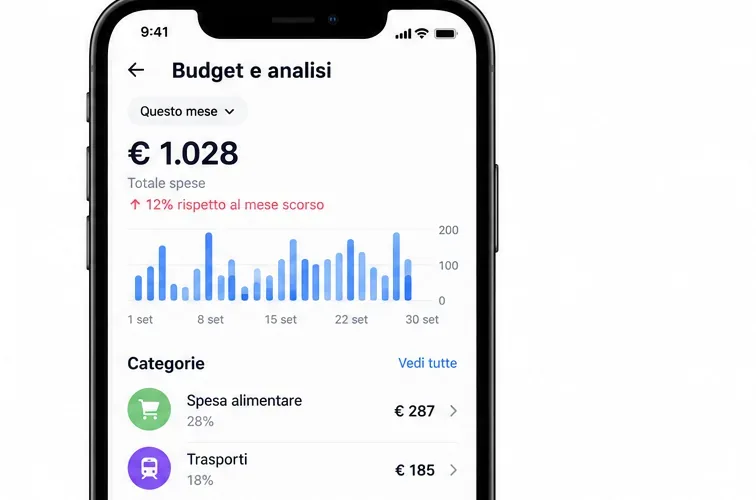 Schermata illustrativa di budget e analisi con totale spese, grafico mensile e categorie