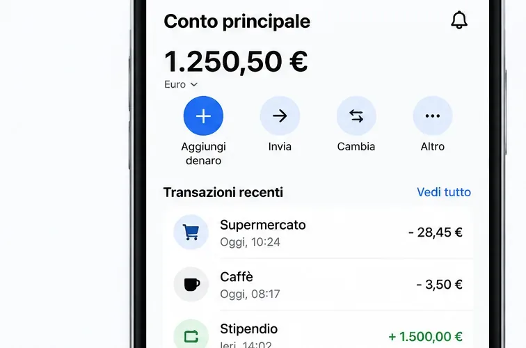 Schermata illustrativa di un conto Revolut con saldo in euro, azioni rapide e transazioni recenti