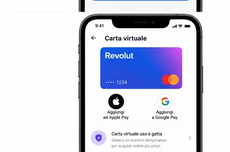Schermata illustrativa di una carta virtuale con opzioni Apple Pay e Google Pay