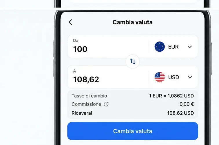 Schermata illustrativa del cambio valuta da euro a dollari con tasso e commissione mostrati prima della conferma