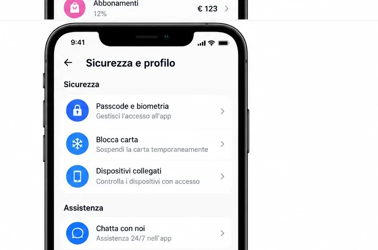 Schermata illustrativa delle impostazioni di sicurezza con passcode, dispositivi collegati e assistenza in-app