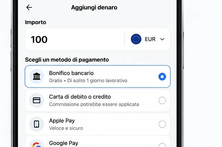 Schermata illustrativa per aggiungere denaro con bonifico, carta e portafogli digitali