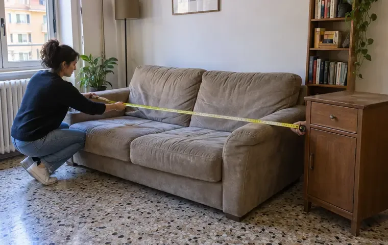 Persona che misura un divano e un mobiletto in un appartamento italiano