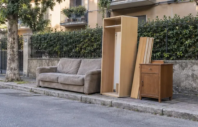 Divano, mobiletto e pannelli di legno ordinati in un punto di esposizione su una strada residenziale italiana