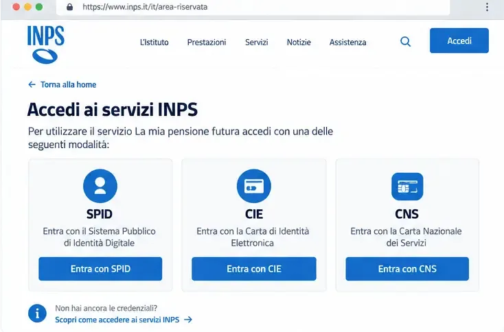 Rappresentazione illustrativa della schermata di accesso ai servizi INPS con SPID, CIE e CNS.