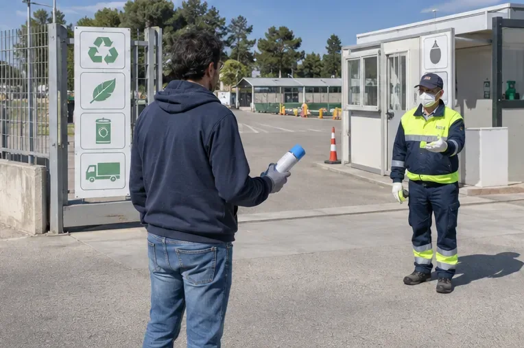 Un residente mostra una bomboletta spray a un operatore all’ingresso di un centro comunale di raccolta