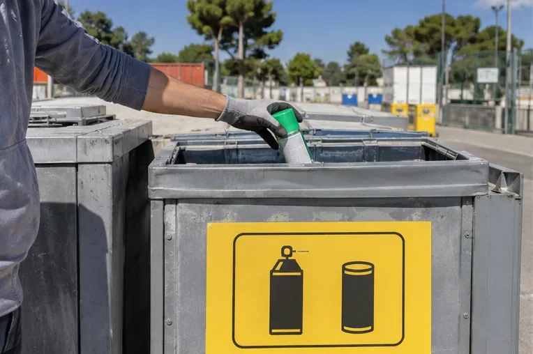 Una mano deposita una bomboletta spray in un contenitore dedicato all’interno di un centro di raccolta