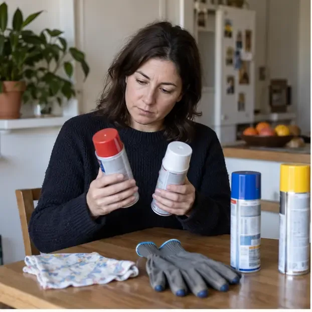 Una residente esamina alcune bombolette spray integre su un tavolo di casa, con guanti da lavoro a disposizione