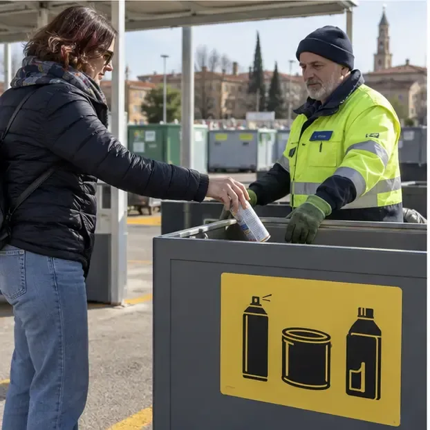 Una cittadina consegna una bomboletta a un operatore presso un’area ecologica con un contenitore dedicato