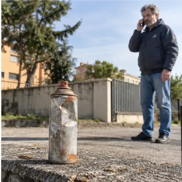 Una bomboletta spray arrugginita e deformata è isolata all’aperto mentre una persona telefona per chiedere istruzioni