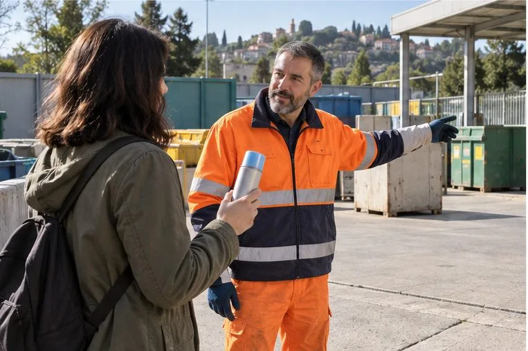 Una residente mostra una bomboletta spray integra a un addetto in abiti da lavoro all’interno di un centro di raccolta.