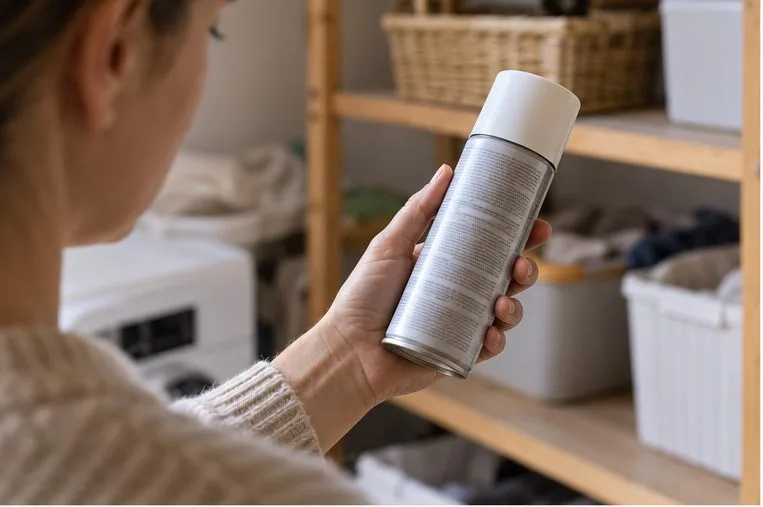 Una mano tiene una bomboletta spray integra e ne controlla il retro, senza che le scritte dell’etichetta siano leggibili.