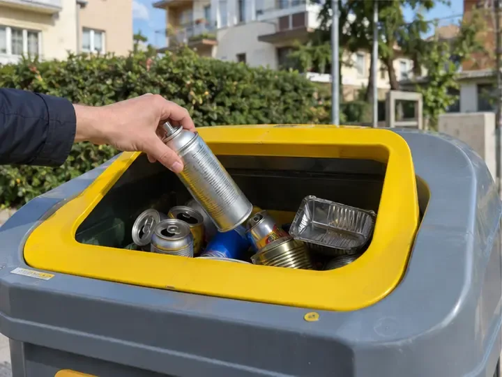 Mano che inserisce una bomboletta spray metallica esaurita in un contenitore giallo per plastica e lattine