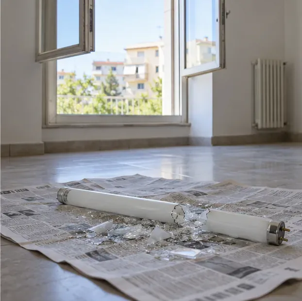 Un tubo fluorescente rotto e frammenti di vetro sono raccolti su fogli di carta in una stanza con la finestra aperta