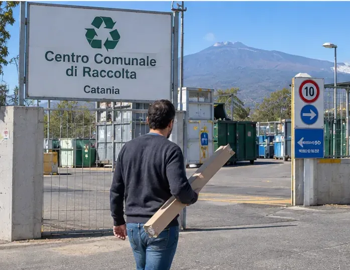 Una persona porta un tubo fluorescente protetto in cartone verso un Centro Comunale di Raccolta