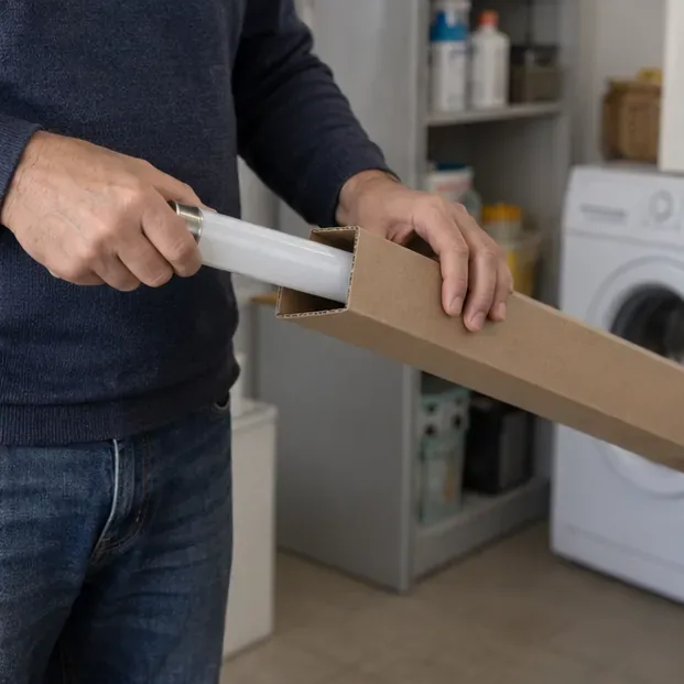 Una persona inserisce con cautela un tubo fluorescente integro in una custodia di cartone rigido