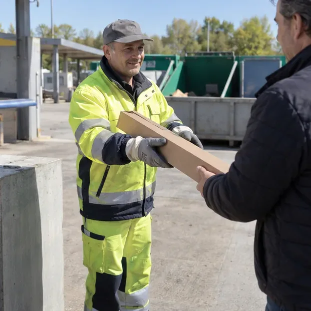 Un addetto di un centro di raccolta riceve da un cittadino un tubo fluorescente protetto in un imballaggio di cartone