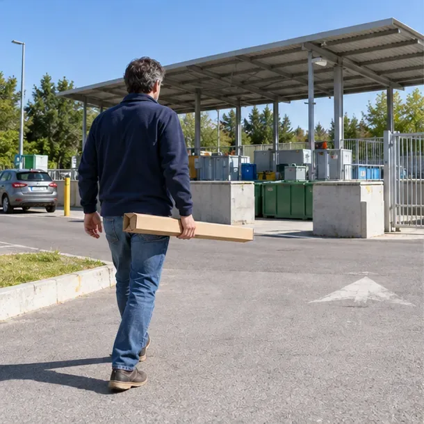 Una persona porta un tubo fluorescente protetto in una custodia di cartone verso un centro di raccolta