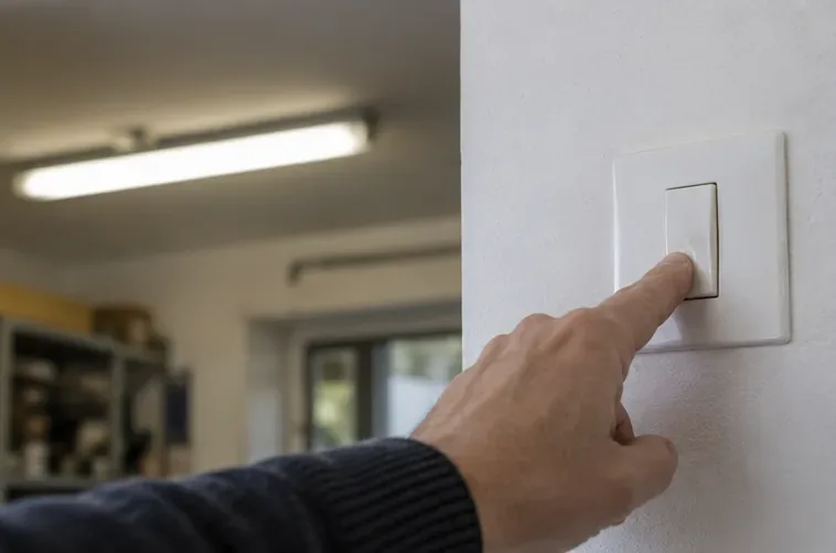Una mano spegne l’interruttore della luce mentre un tubo fluorescente è visibile sul soffitto.