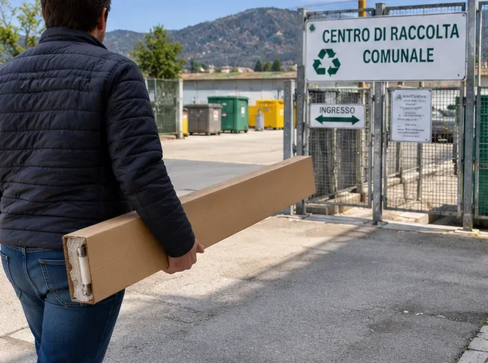 Persona che porta una scatola lunga verso l’ingresso di un centro di raccolta comunale