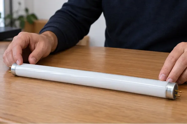 Tubo fluorescente integro appoggiato su un tavolo e controllato prima del conferimento