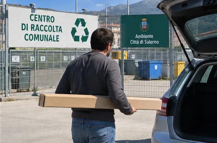 Persona con una scatola lunga davanti a un centro di raccolta comunale