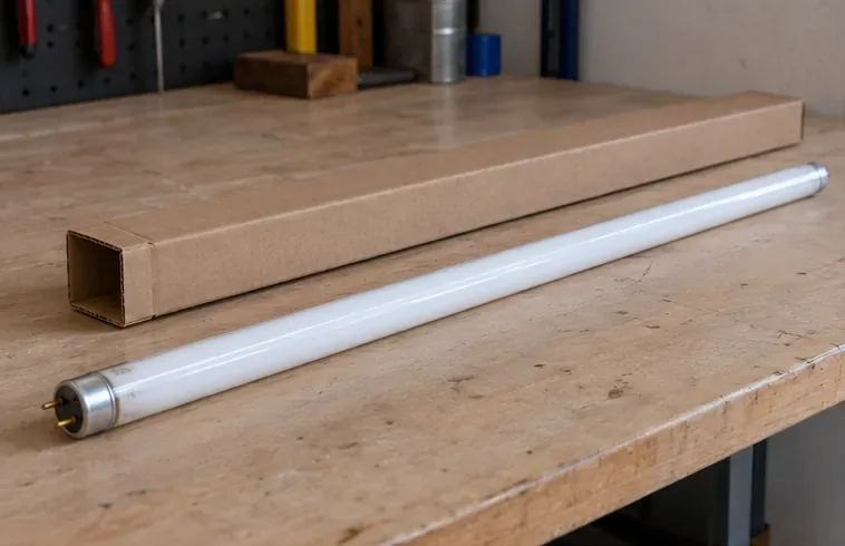 Un lungo tubo fluorescente integro appoggiato su un banco accanto a una custodia di cartone