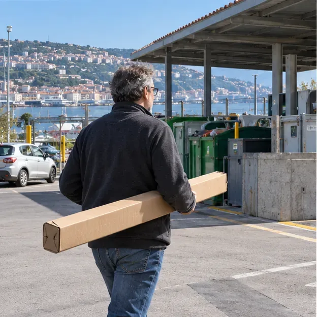 Una persona trasporta orizzontalmente una lunga scatola rigida verso un centro comunale di raccolta a Trieste