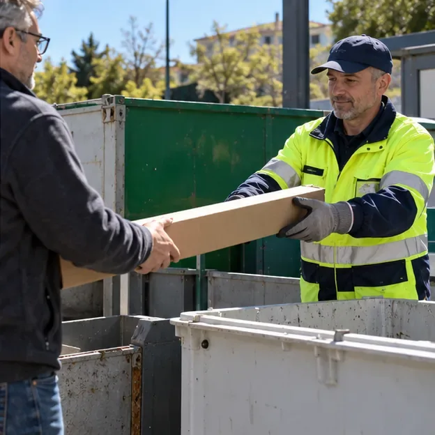 Un addetto in abbigliamento ad alta visibilità riceve un imballo lungo da un cittadino presso un’area di raccolta
