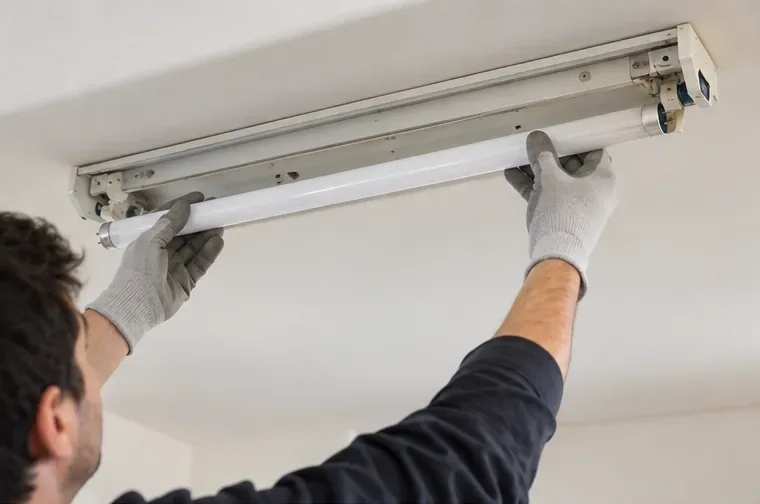 Una persona con guanti rimuove con entrambe le mani un tubo fluorescente integro da una plafoniera a soffitto