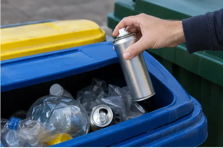 Una mano avvicina una bomboletta spray vuota a un contenitore con imballaggi in plastica e metallo, come esempio del conferimento dei prodotti non pericolosi